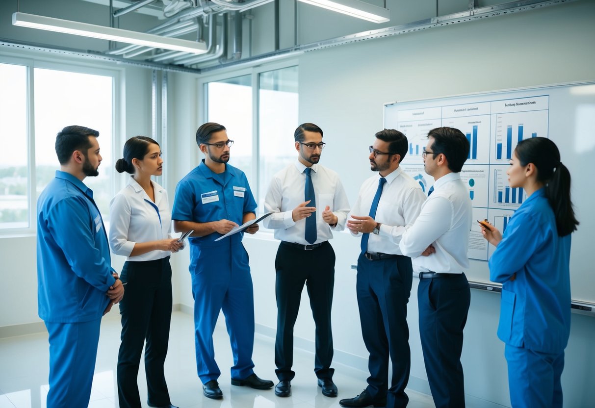 A group of professionals discussing risk management procedures in a medical device manufacturing facility, with charts and diagrams on a whiteboard discovering Risk management in ISO 13485