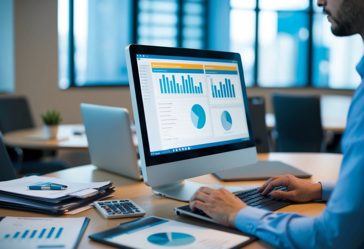 A person using a computer to input data into a risk management system, surrounded by documents and charts