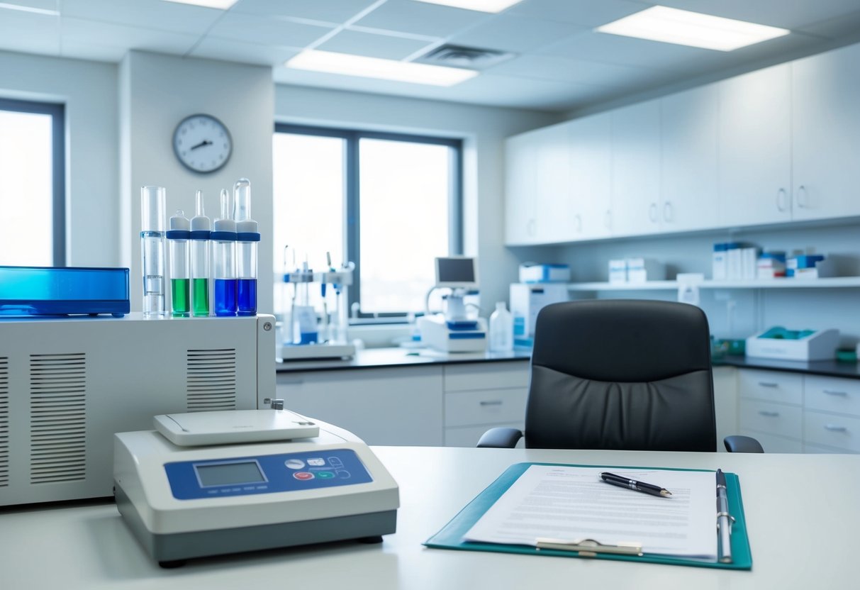 A laboratory with medical equipment for ISO 13485, and an office with paperwork for ISO 9001 showing the differences between the ISO 13485 vs ISI 9001