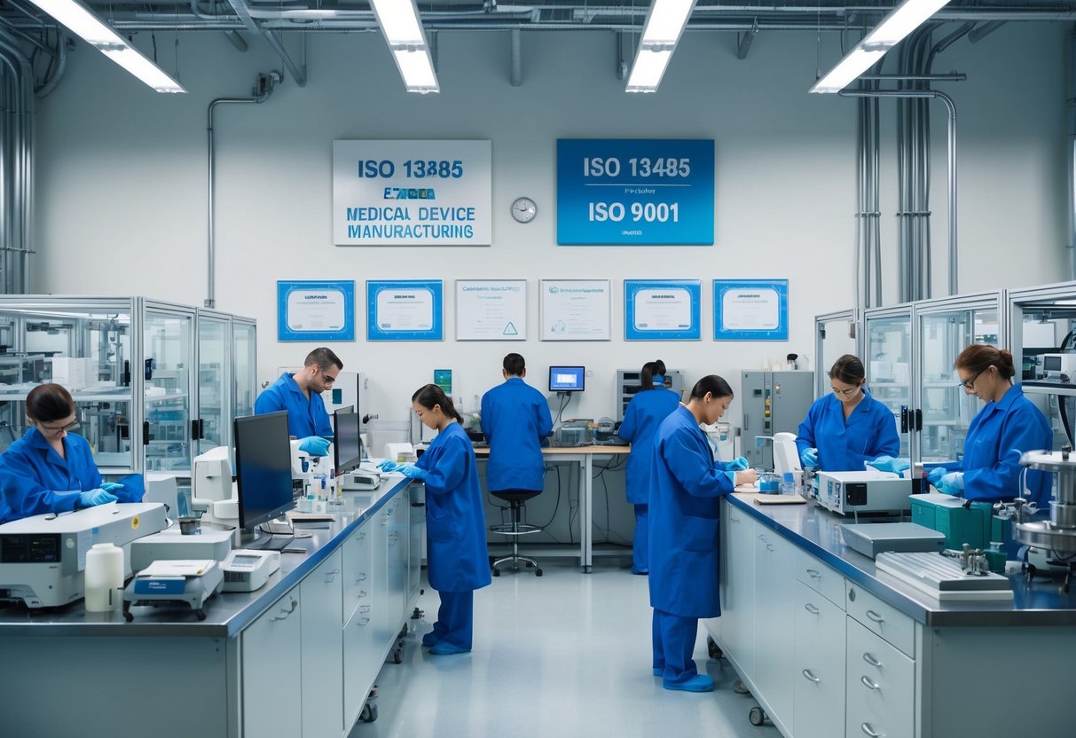 A medical device manufacturing facility with ISO 13485 vs ISO 9001 certificates displayed on the wall, surrounded by equipment and staff working diligently