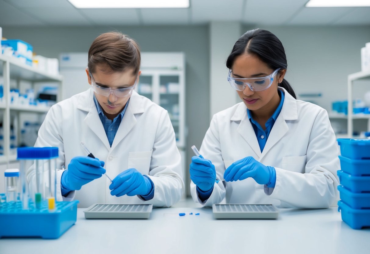 A laboratory technician follows ISO 13485 vs ISO 9001 guidelines, while another technician follows ISO 9001 guidelines, both working in a clean and organized environment