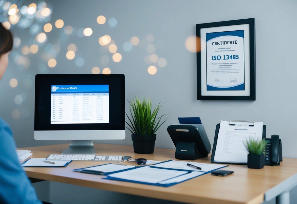 A desk with a computer, documents, and a checklist. A framed ISO 13485 certificate hangs on the wall to indicate the company used an ISO 13485 certification checklist