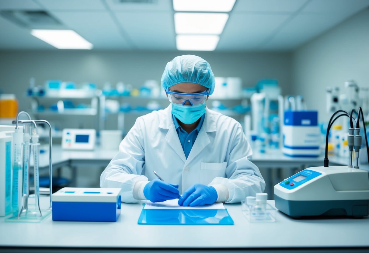 A sterile laboratory setting with equipment, documentation, and personnel following strict quality management procedures utilizing an ISO 13485 certification checklist