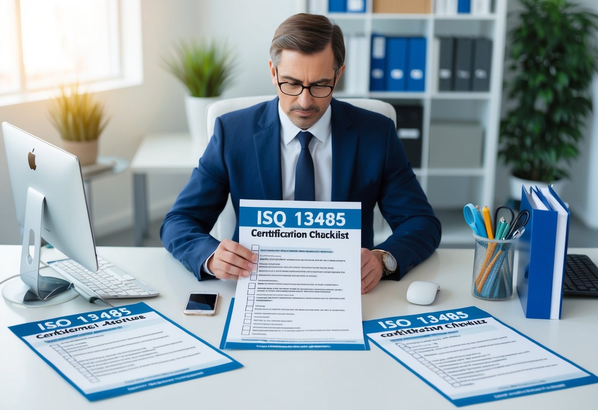 A manager reviewing documents at a desk, surrounded by ISO 13485 certification checklist, with a computer and office supplies nearby