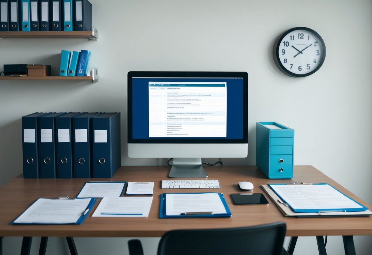 A desk with a computer, documents, and a checklist. A shelf with binders and a clock on the wall