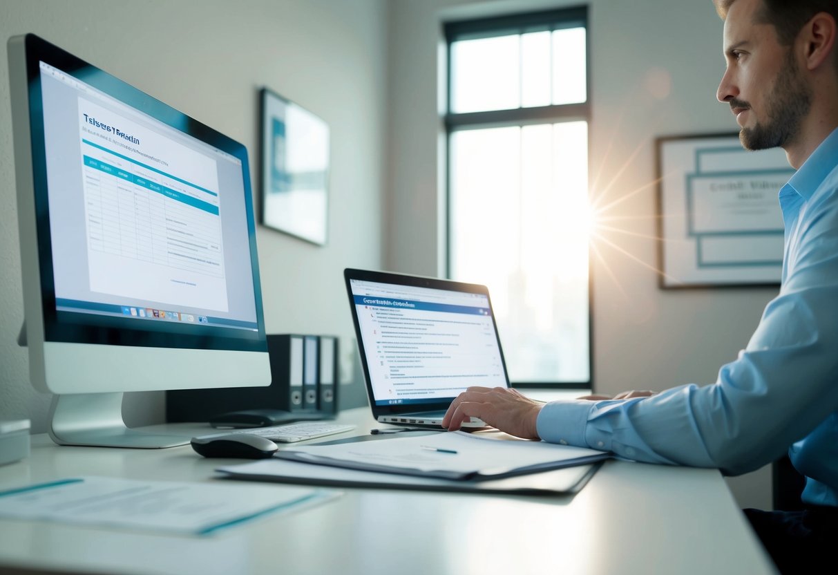 A desk with a computer, documents, and a checklist. A certificate on the wall