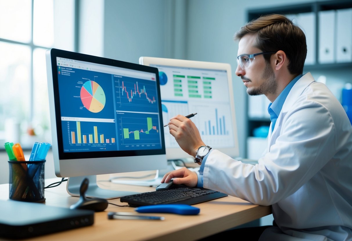 A lab technician analyzing data on a computer, surrounded by measurement tools and charts