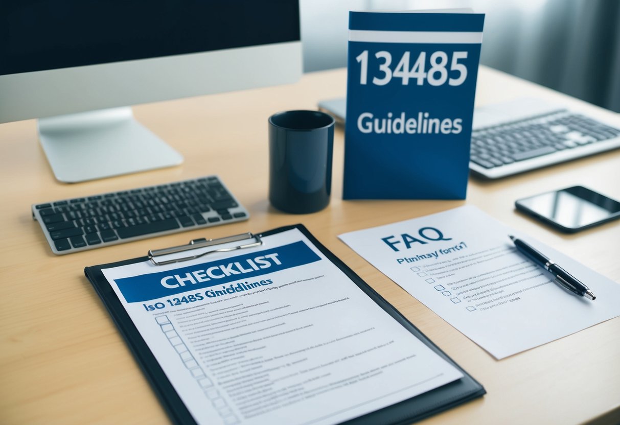 A desk with a checklist, ISO 13485 guidelines, and a FAQ document