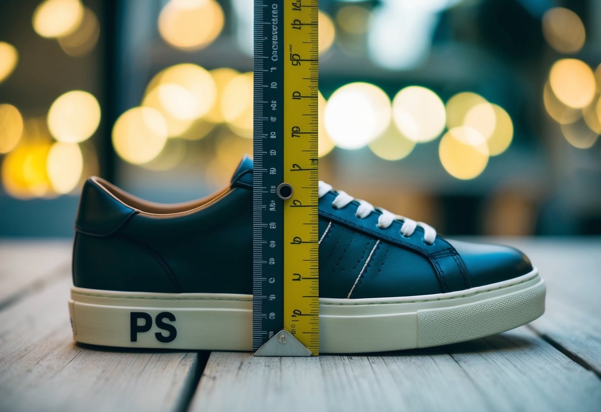 A ruler measuring the length and width of a shoe, with the letters "PS" written on the sole