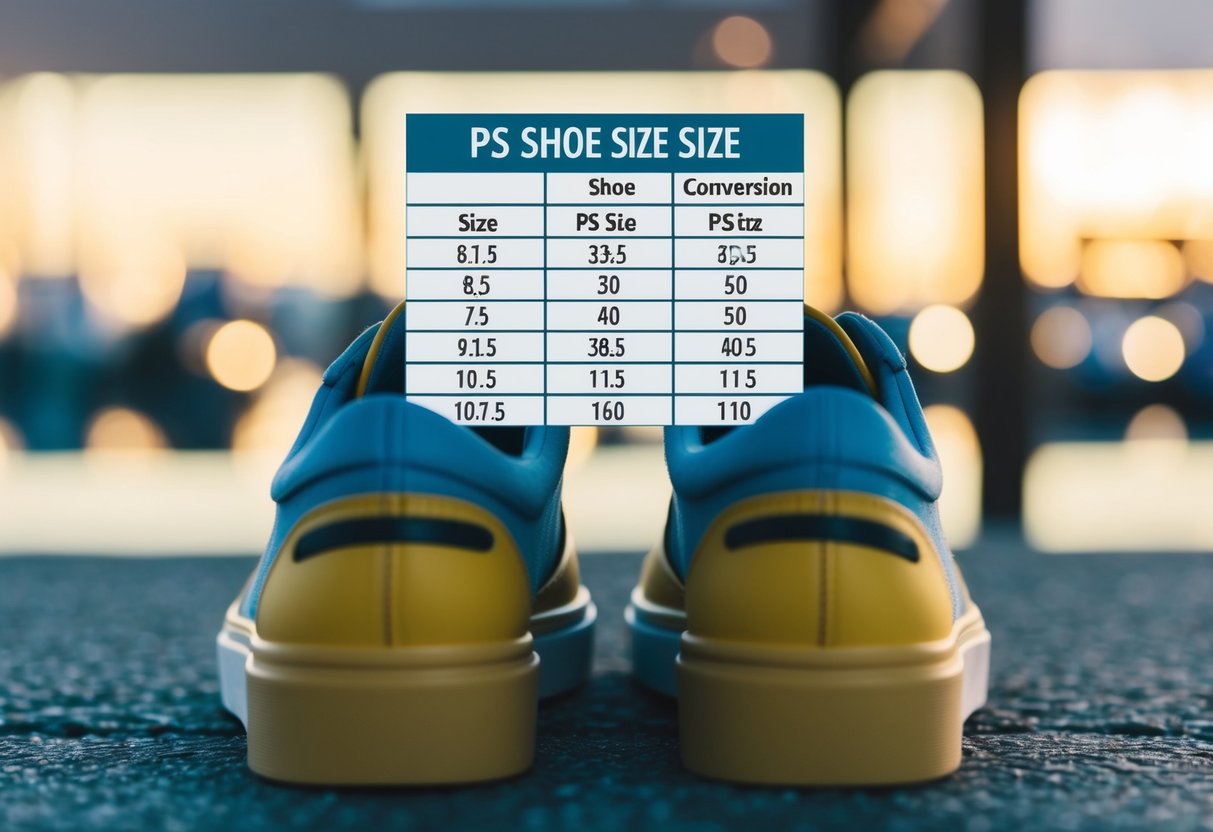 A pair of shoes in various sizes with a chart showing PS shoe size conversion