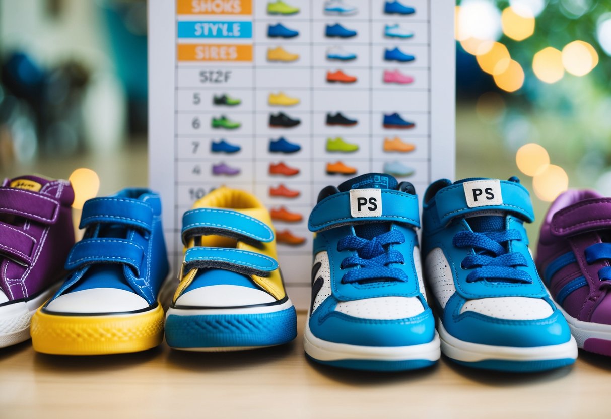 A variety of children's shoes in different sizes and styles, with a focus on the size chart and a pair of shoes labeled with "PS"