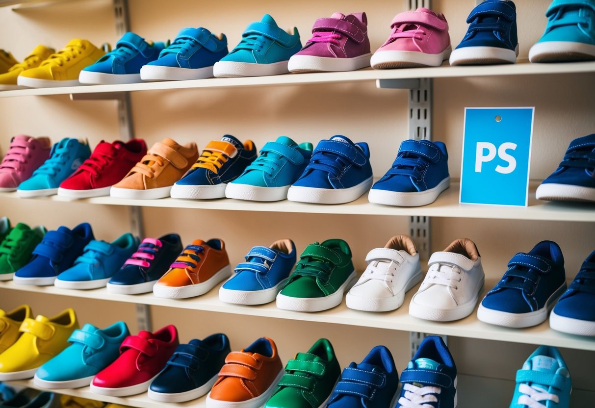 A colorful array of kids' shoes displayed on shelves, with a sign reading "PS" next to a selection, indicating the size range for preschoolers