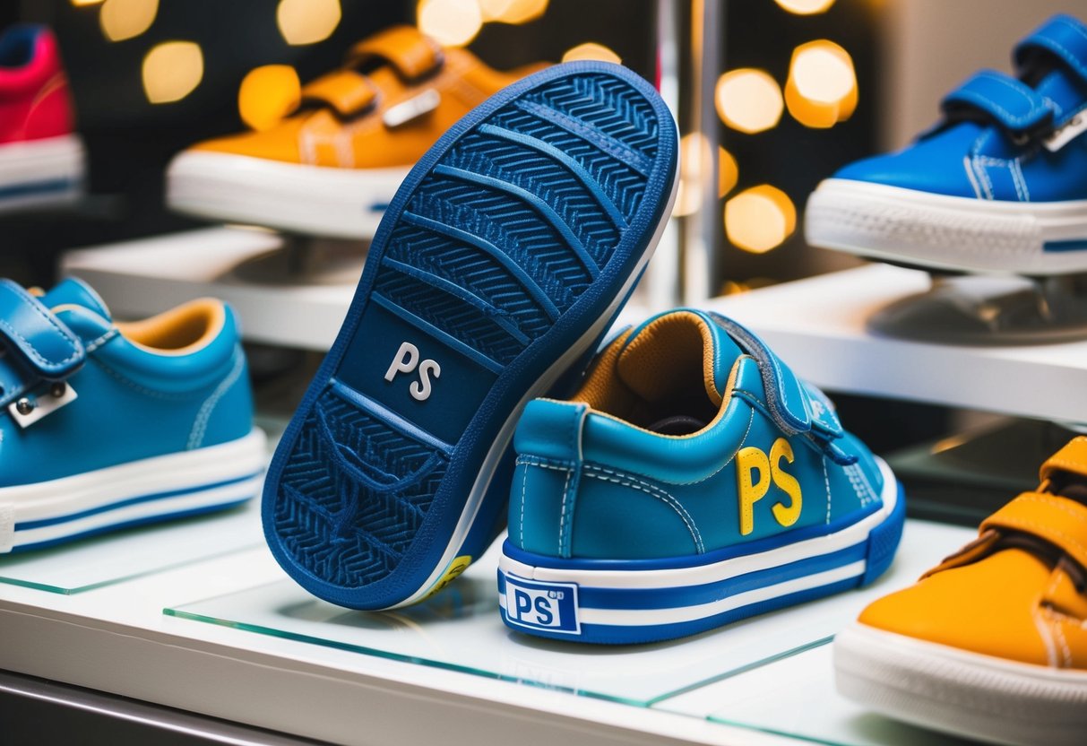 A pair of children's shoes with a "PS" label visible on the sole, surrounded by other shoe options on display