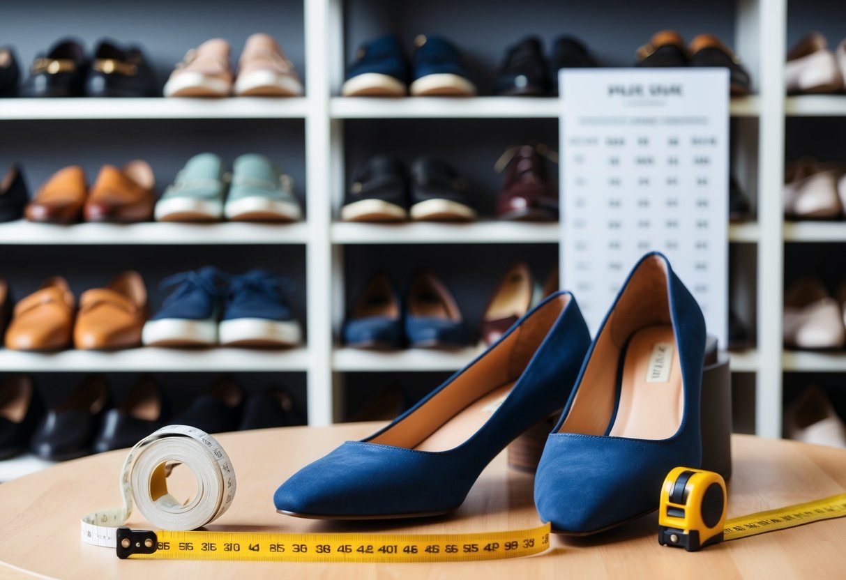 A collection of shoes in various sizes and styles displayed on shelves, with a measuring tape and a size chart nearby