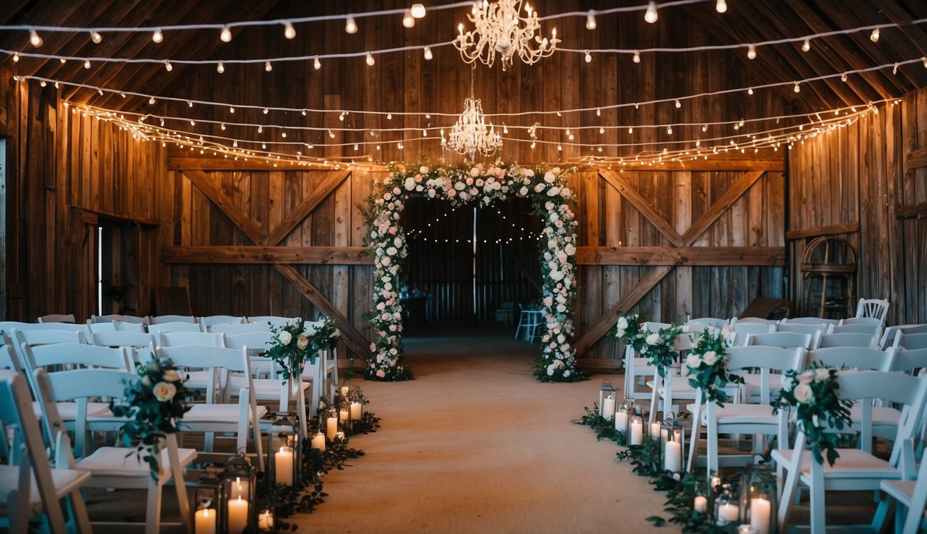 A rustic barn decorated with string lights and floral arrangements for a wedding celebration