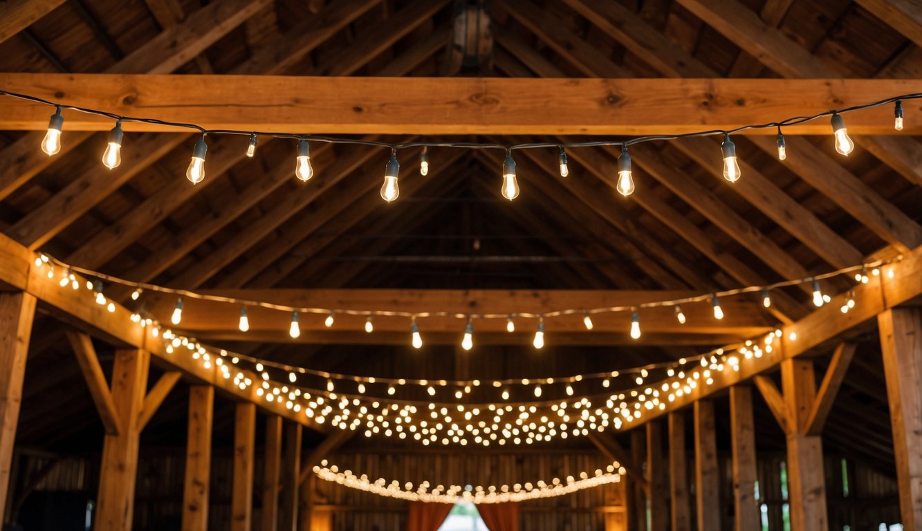 String lights hang from wooden rafters, casting a warm glow over a rustic barn wedding setting