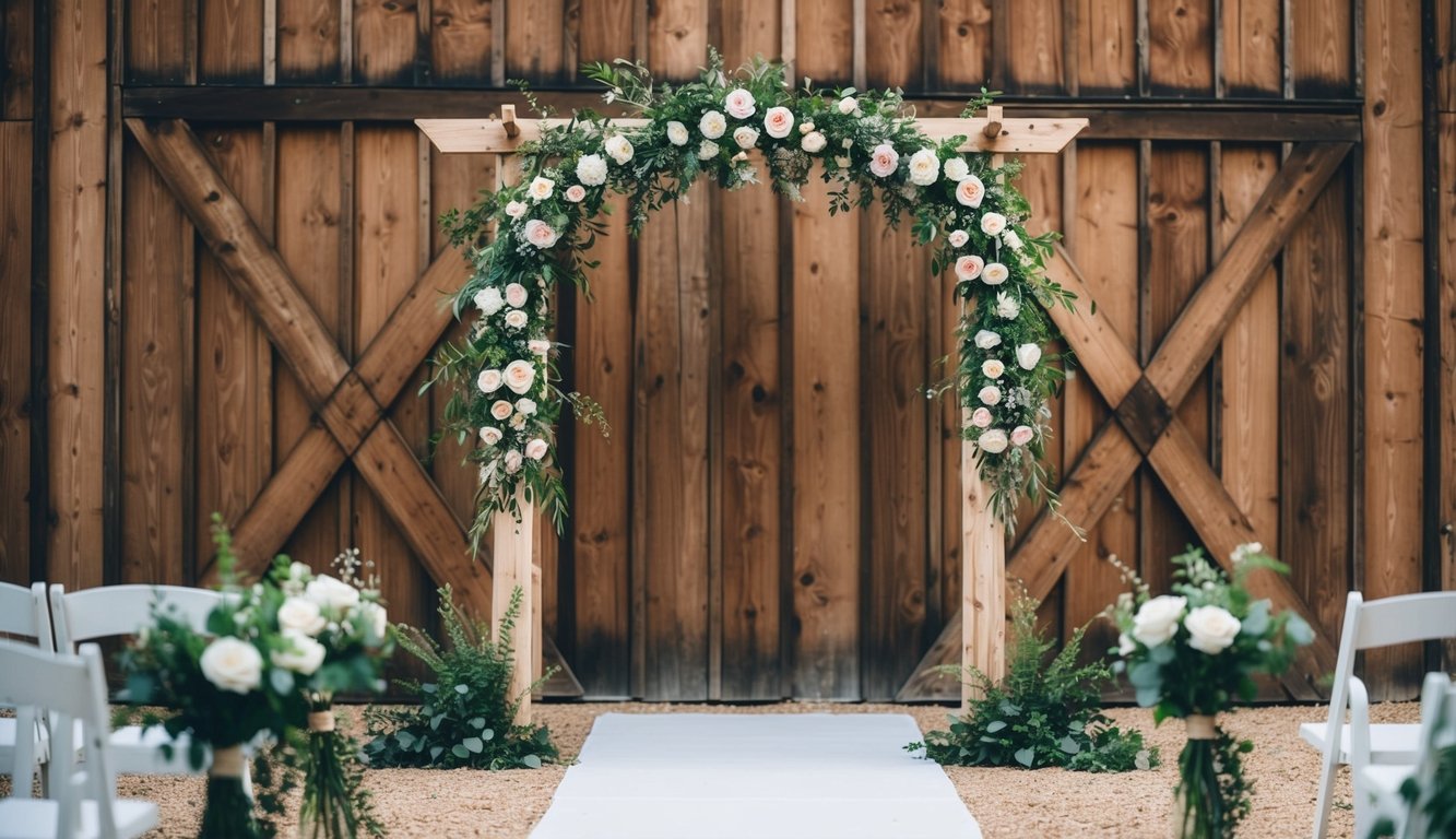 A rustic wooden archway adorned with flowers and greenery stands as the focal point of a charming barn wedding setting