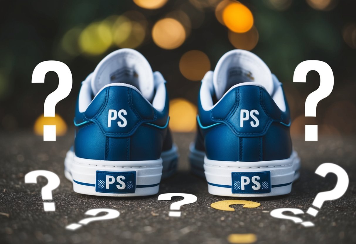 A pair of shoes with "PS" printed on the sole, surrounded by question marks