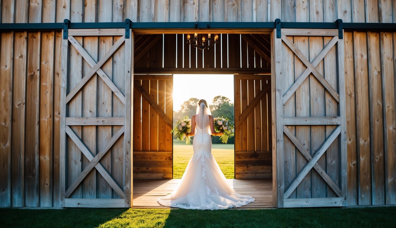 The barn doors stand open, revealing a rustic backdrop for a wedding. Sunlight streams through the slats, casting a warm glow on the wooden interior