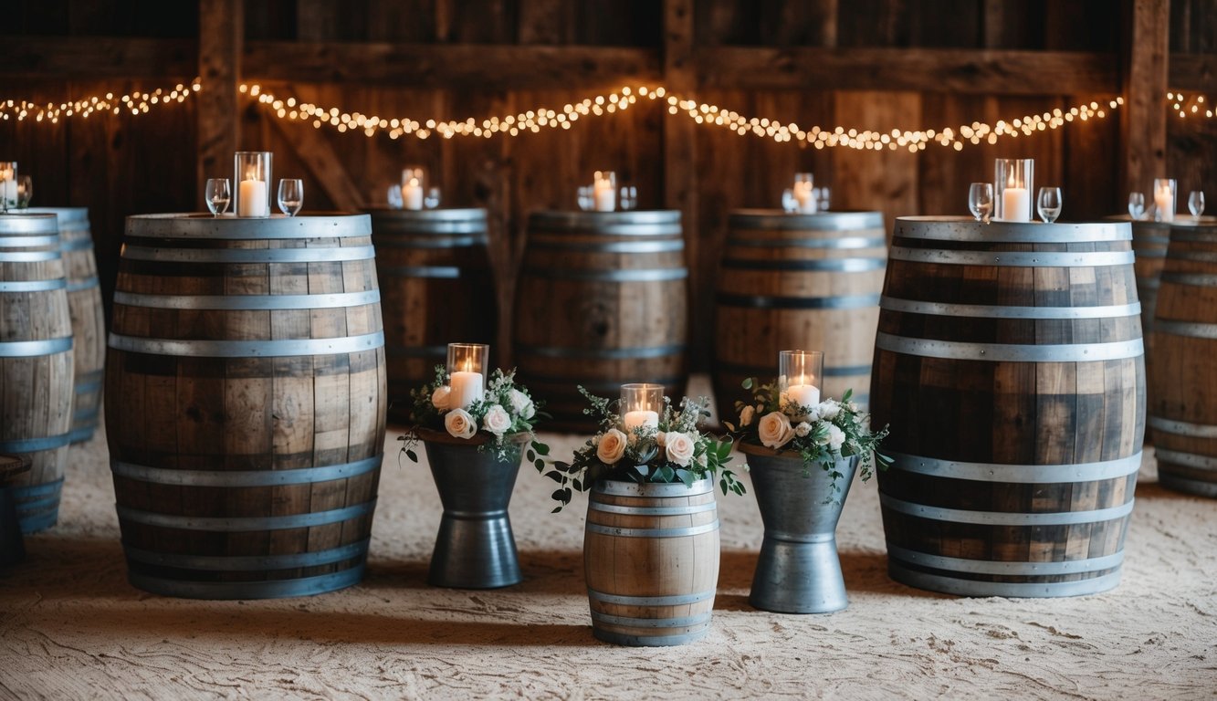 Vintage barrels arranged as cocktail tables in a rustic barn setting, adorned with flowers and candles