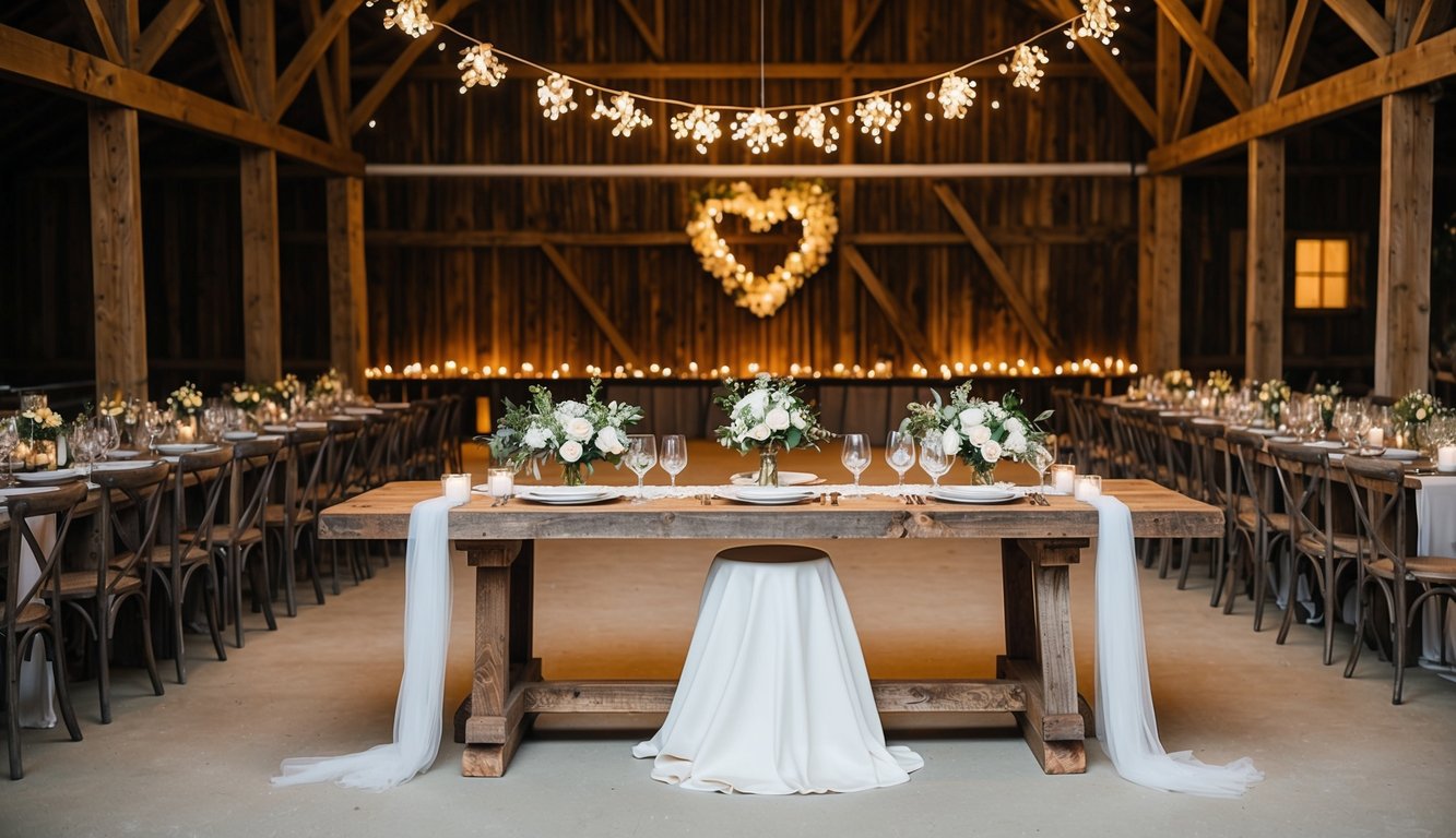 A rustic sweetheart table made of reclaimed wood sits in the center of a barn, adorned with elegant decor for a romantic wedding celebration