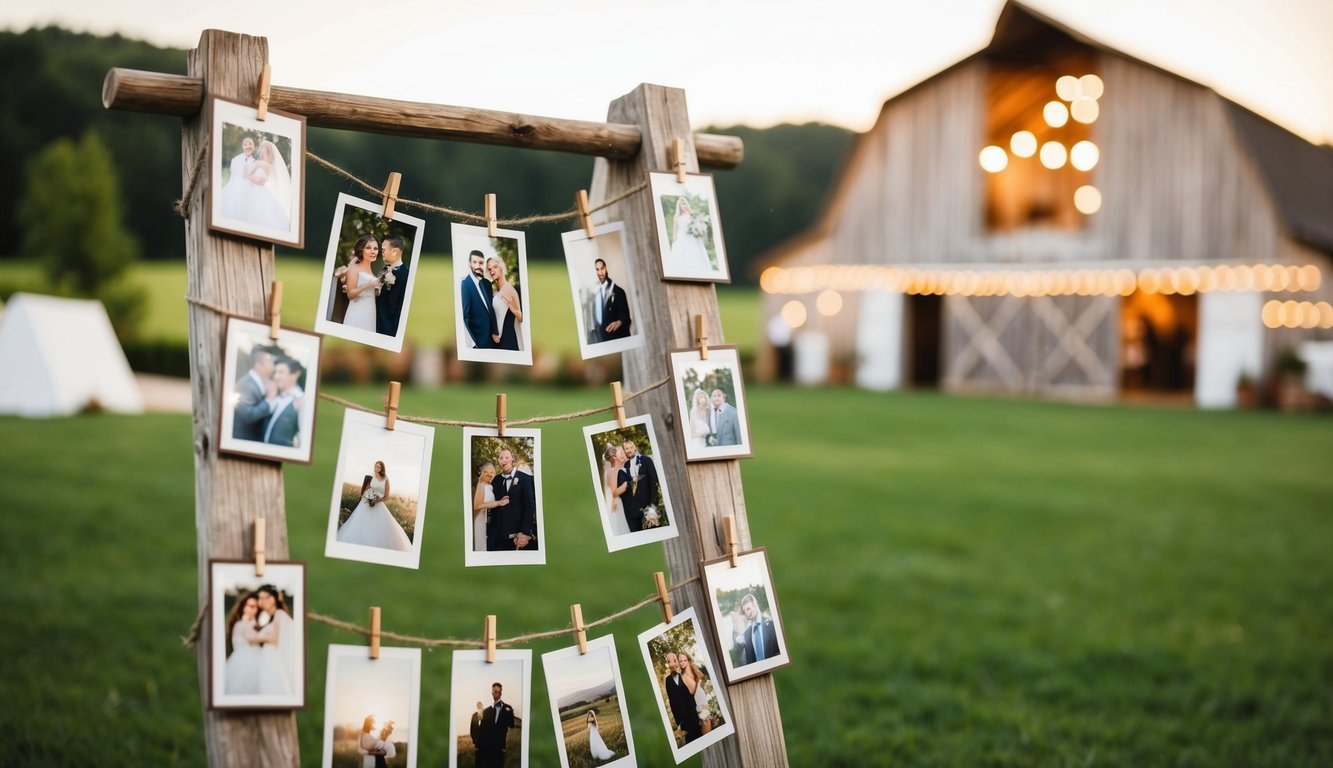 A rustic ladder adorned with hanging photos, set against a backdrop of a charming barn wedding