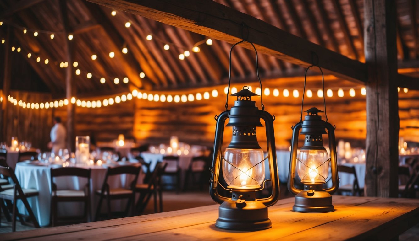 Antique lanterns illuminate a rustic barn wedding, casting a warm glow over the wooden beams and creating a cozy, romantic atmosphere