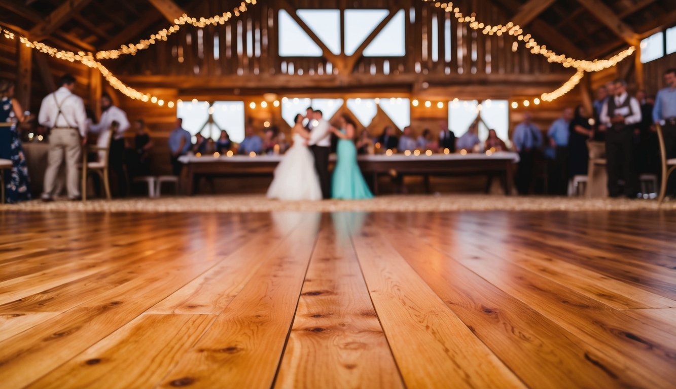 A wooden dance floor surrounded by rustic barn decor