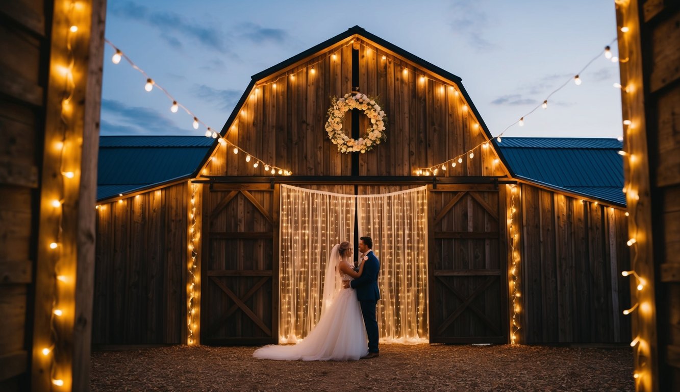 A barn adorned with fairy light curtains creating a romantic and enchanting ambiance for a wedding celebration