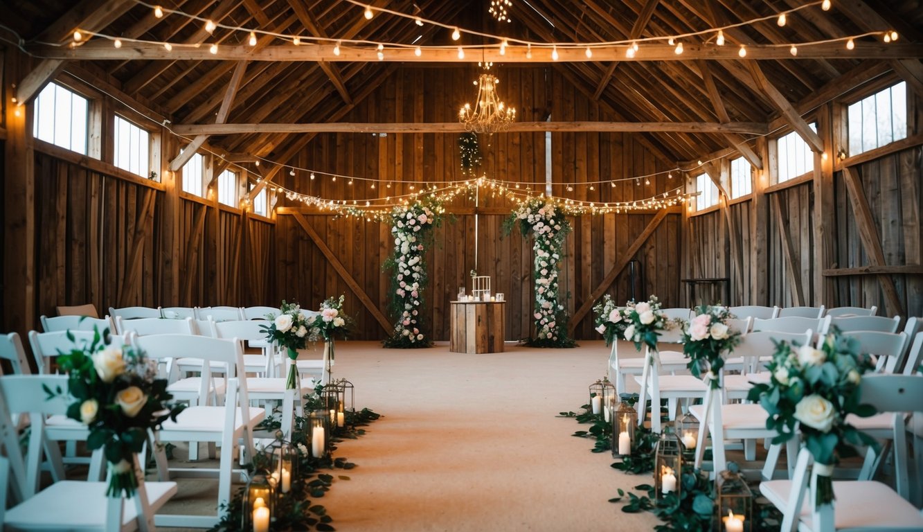 A rustic barn loft adorned with string lights and flowers, set up for a wedding ceremony