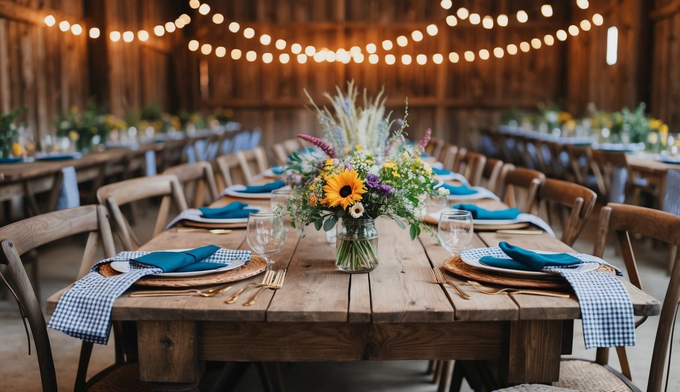 A rustic barn table set with gingham napkins and wildflower centerpieces