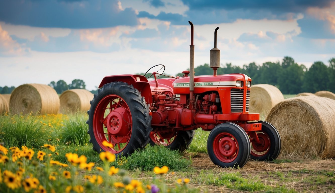 A vintage tractor parked in a rustic barnyard, surrounded by wildflowers and bales of hay