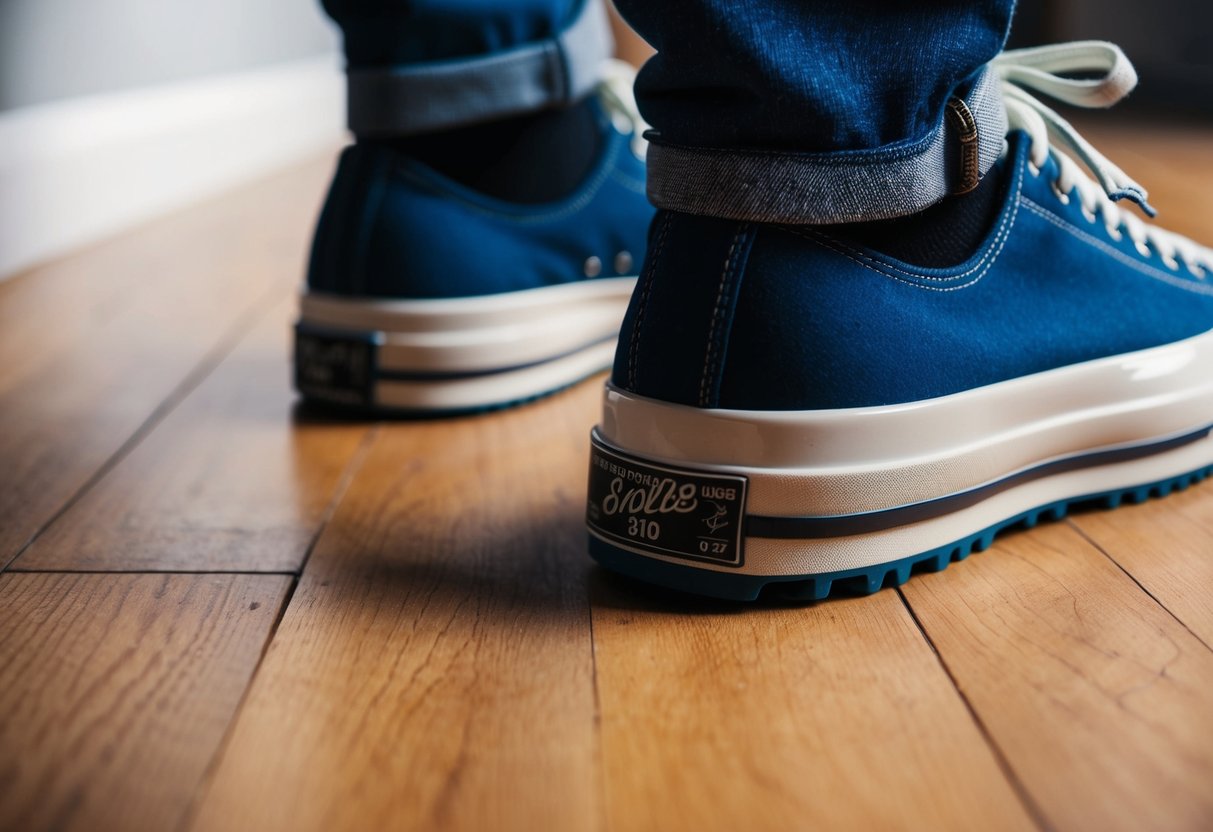 A pair of shoes on a wooden floor, with a close-up of the sole showing friction points