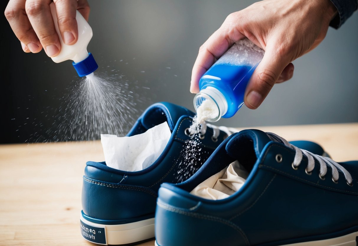 A pair of shoes being sprayed with lubricant, a person inserting tissue paper into the shoes, and a bottle of powder being sprinkled inside the shoes