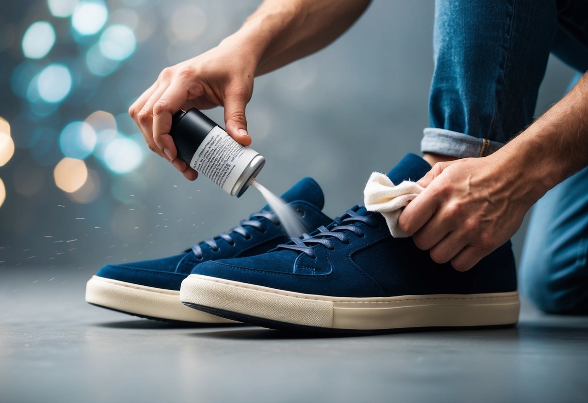 A pair of shoes being sprayed with a lubricant, while a person uses a cloth to rub the soles