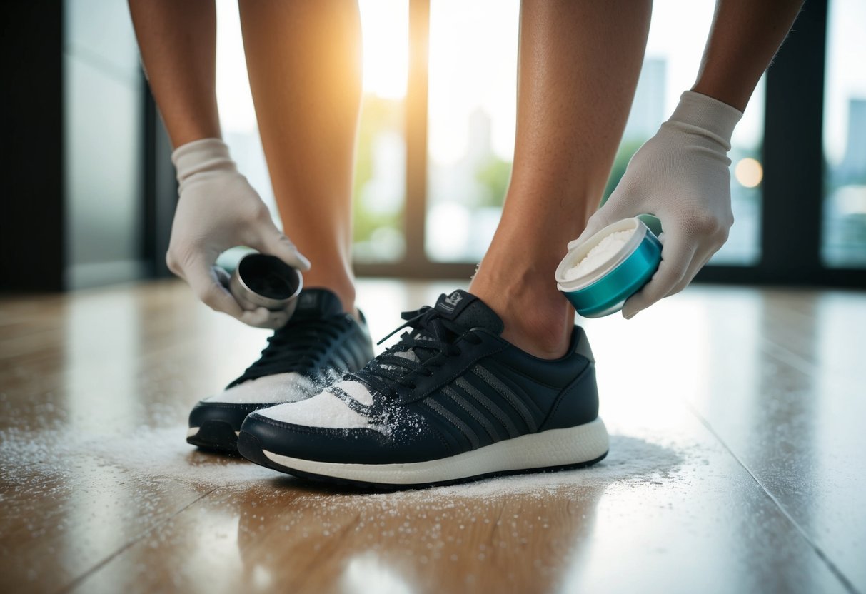 A person applies powder to the inside of a shoe, then walks on a squeaky floor, demonstrating the silence of the shoes