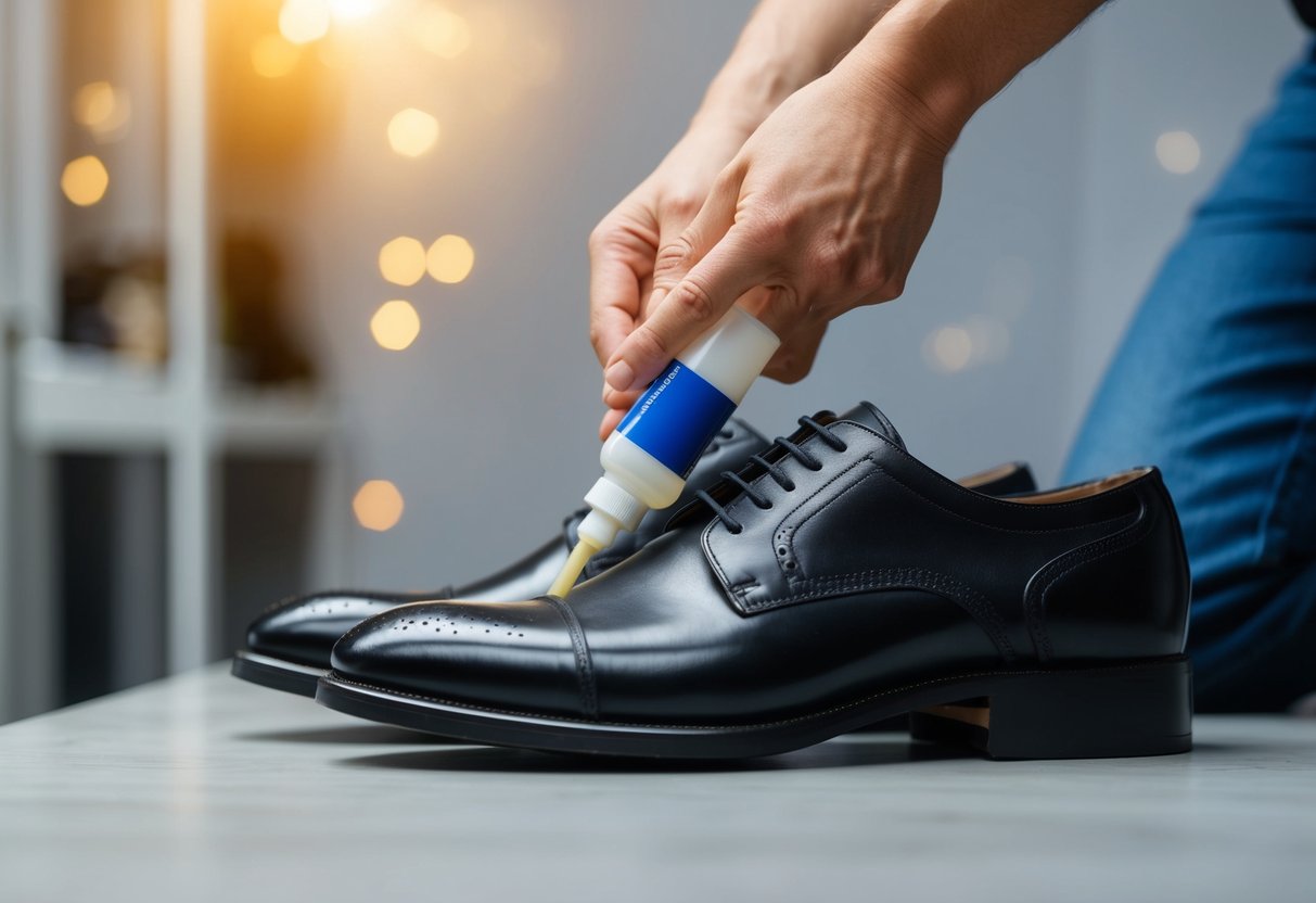 A pair of shoes being treated with lubricant to stop the squeaking