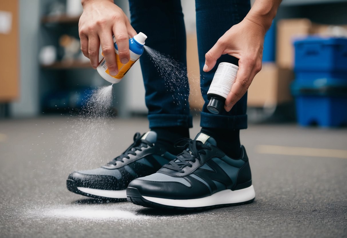 A pair of shoes being sprayed with lubricant, a hand holding a bottle of powder, and a shoe being tapped on the ground to test for squeaks