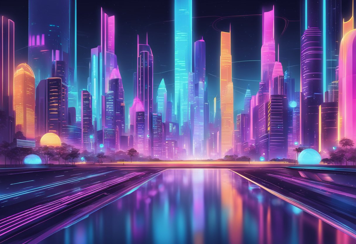 Un paisaje urbano futurista con luces de neón coloridas y proyecciones holográficas, que muestra tecnología avanzada e inteligencia artificial.