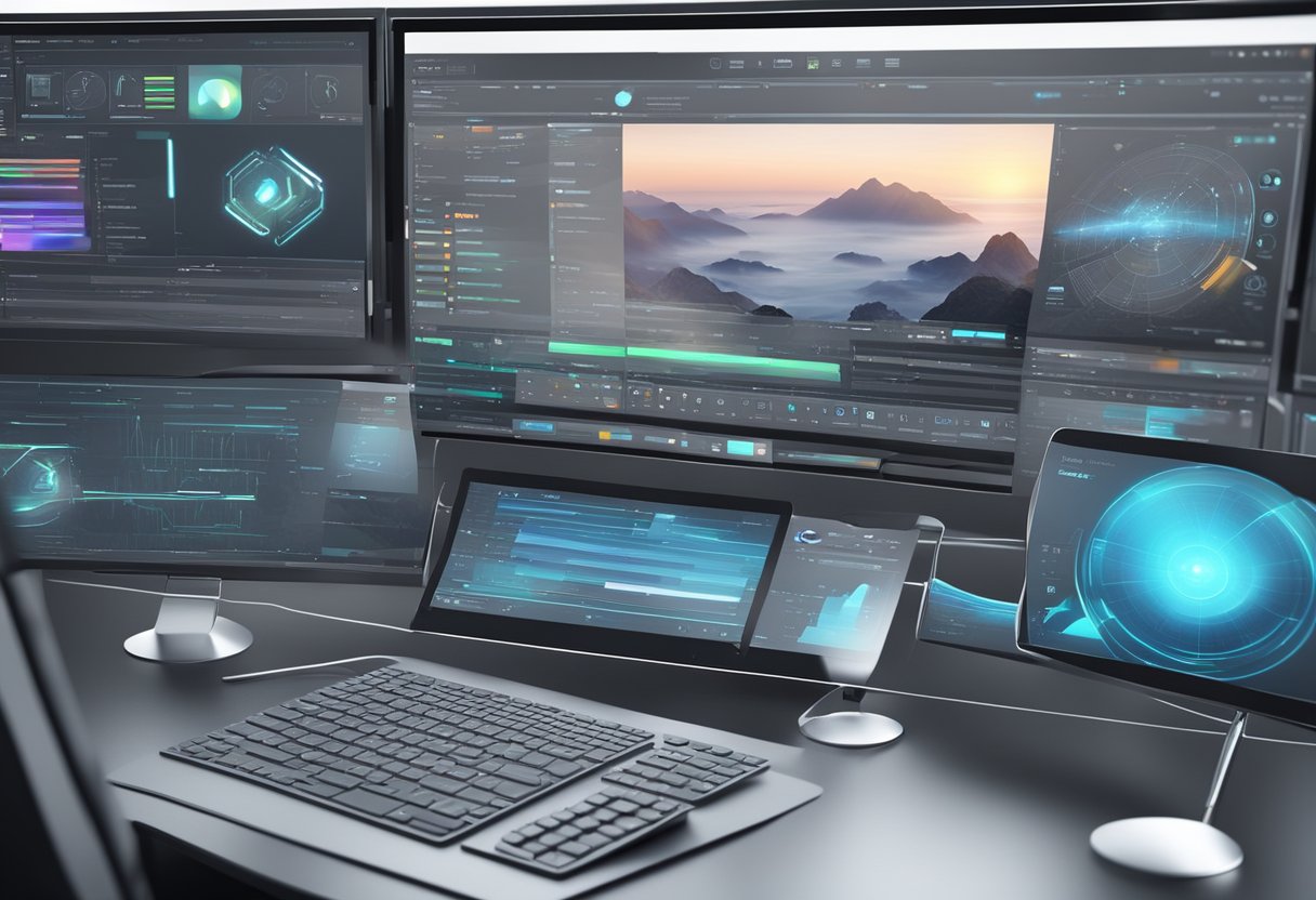 Una pantalla de computadora futurista que muestra herramientas y características avanzadas de edición de video en una interfaz elegante y de alta tecnología.