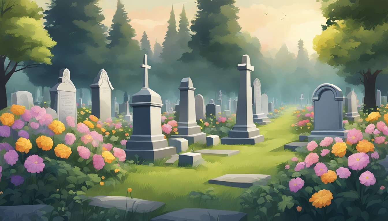 A serene cemetery plot with gravestones, flowers, and trees