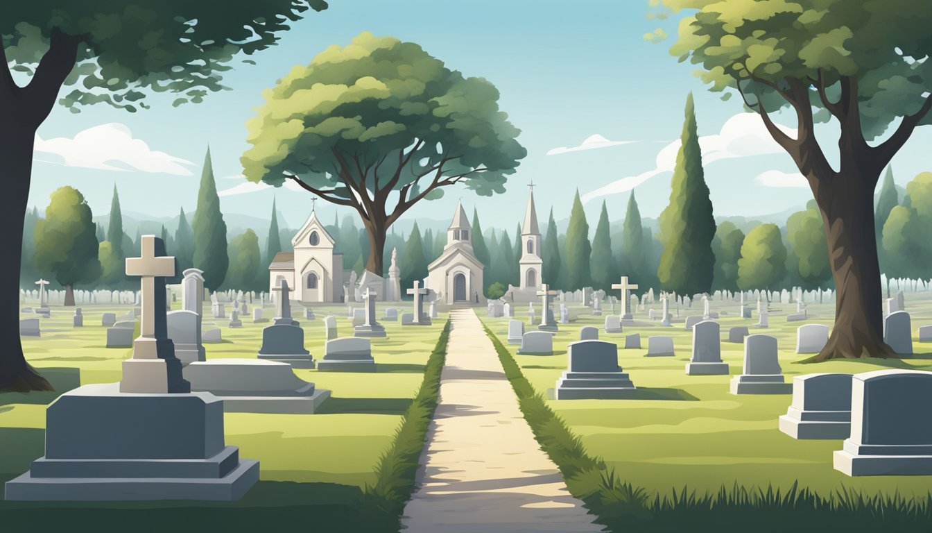 A serene cemetery with rows of gravestones and a peaceful landscape, with a small chapel in the distance