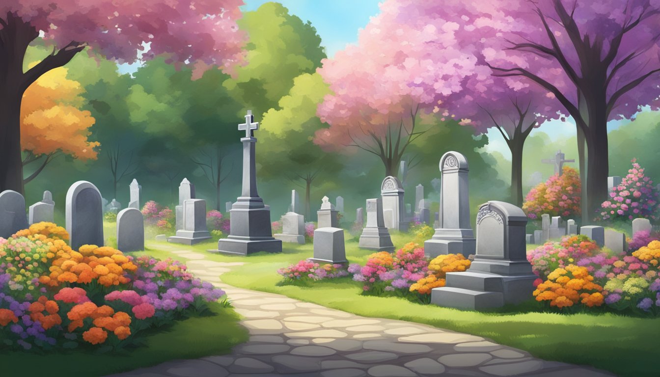 A serene cemetery plot nestled among tall trees and colorful flowers, with a peaceful atmosphere and a sense of tranquility