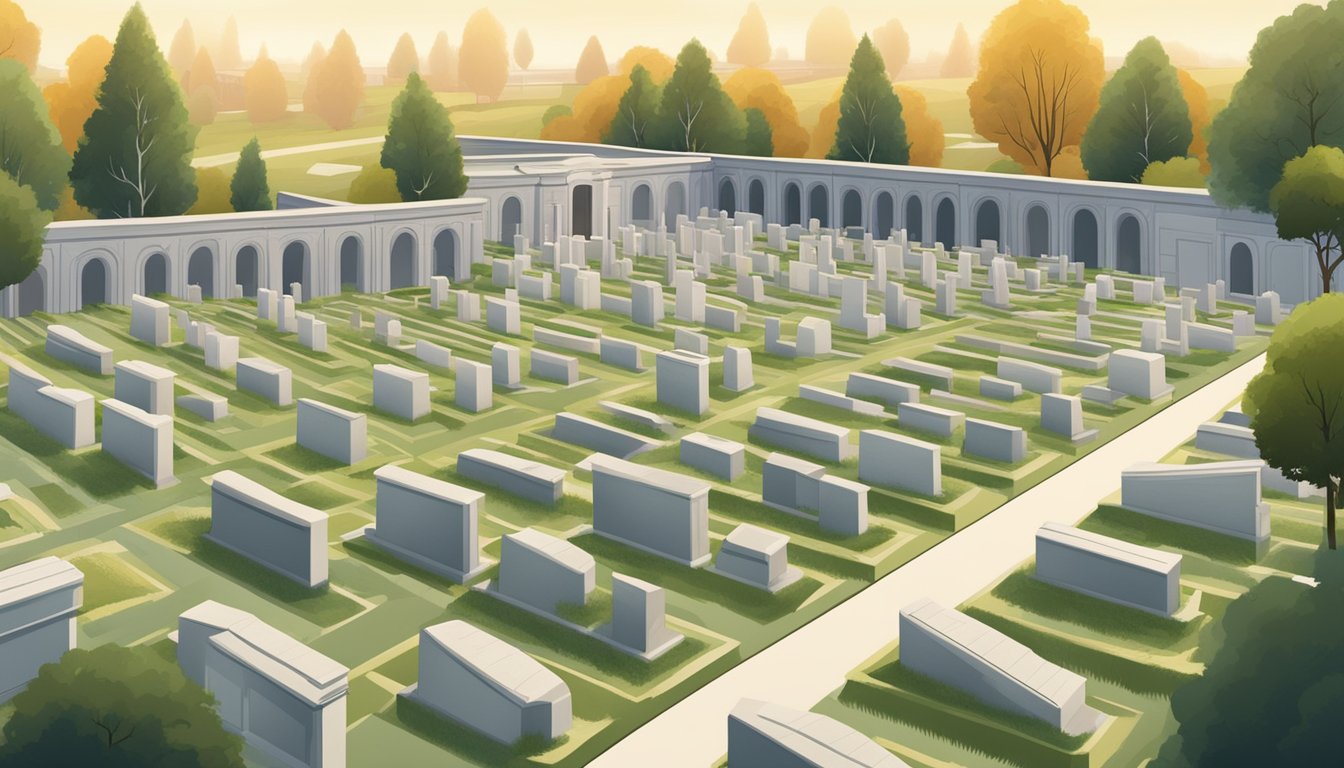 A serene cemetery with rows of burial plots, surrounded by administrative buildings and legal documents