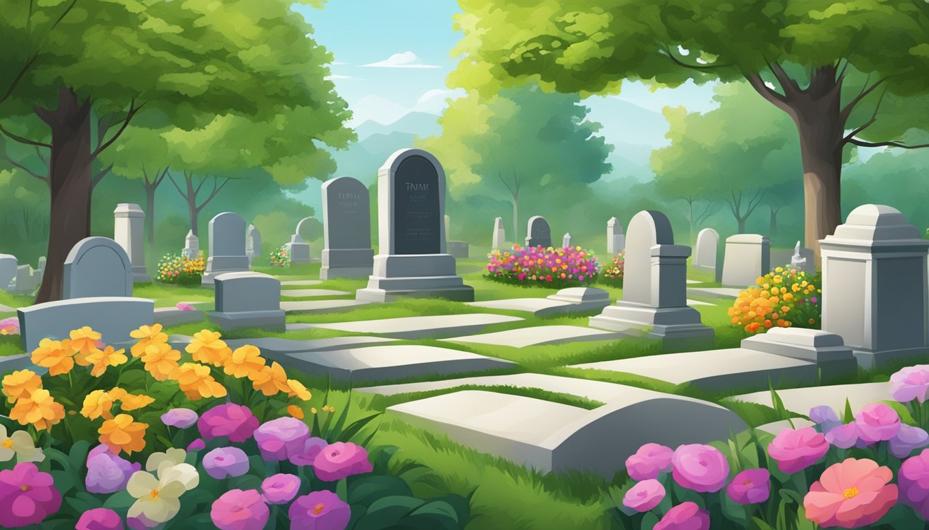 A tranquil cemetery plot with carefully tended gravestones, surrounded by lush greenery and colorful flowers