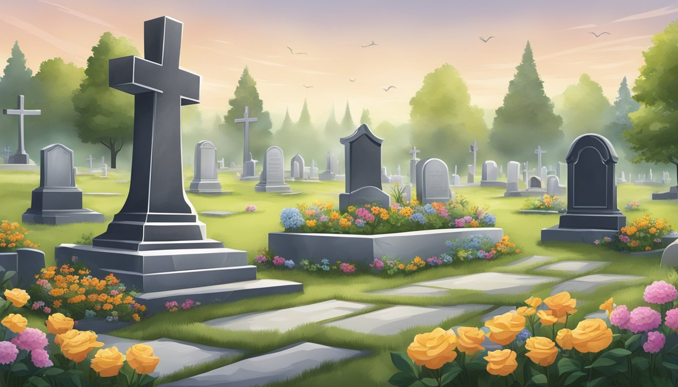 A serene cemetery plot with flowers, gravestones, and a peaceful atmosphere