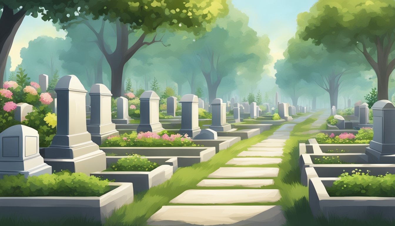 A serene cemetery with rows of burial plots, surrounded by lush greenery and peaceful atmosphere