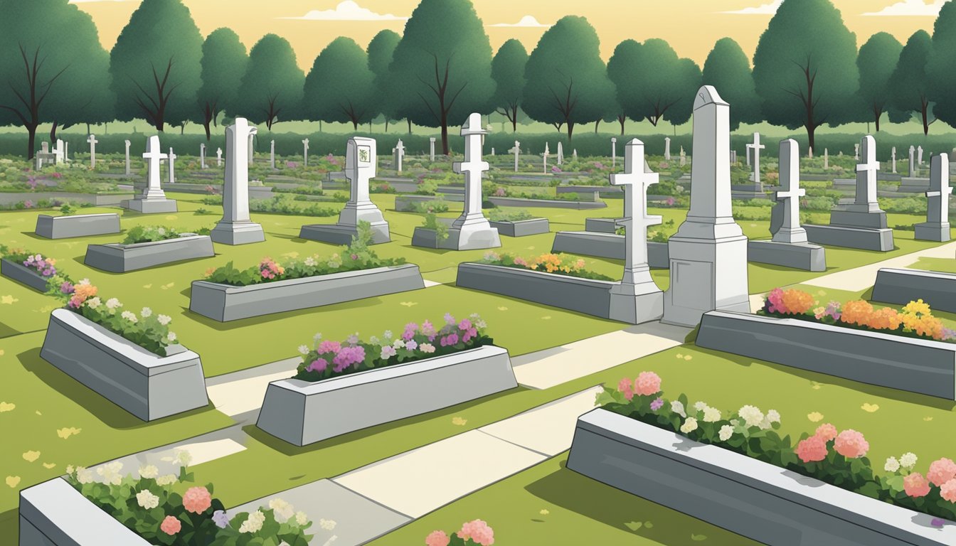 A serene cemetery with rows of grave plots, surrounded by greenery and marked with simple headstones