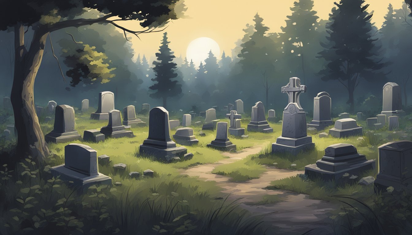 A dimly lit pet cemetery nestled in a forest clearing, with crude headstones and overgrown foliage