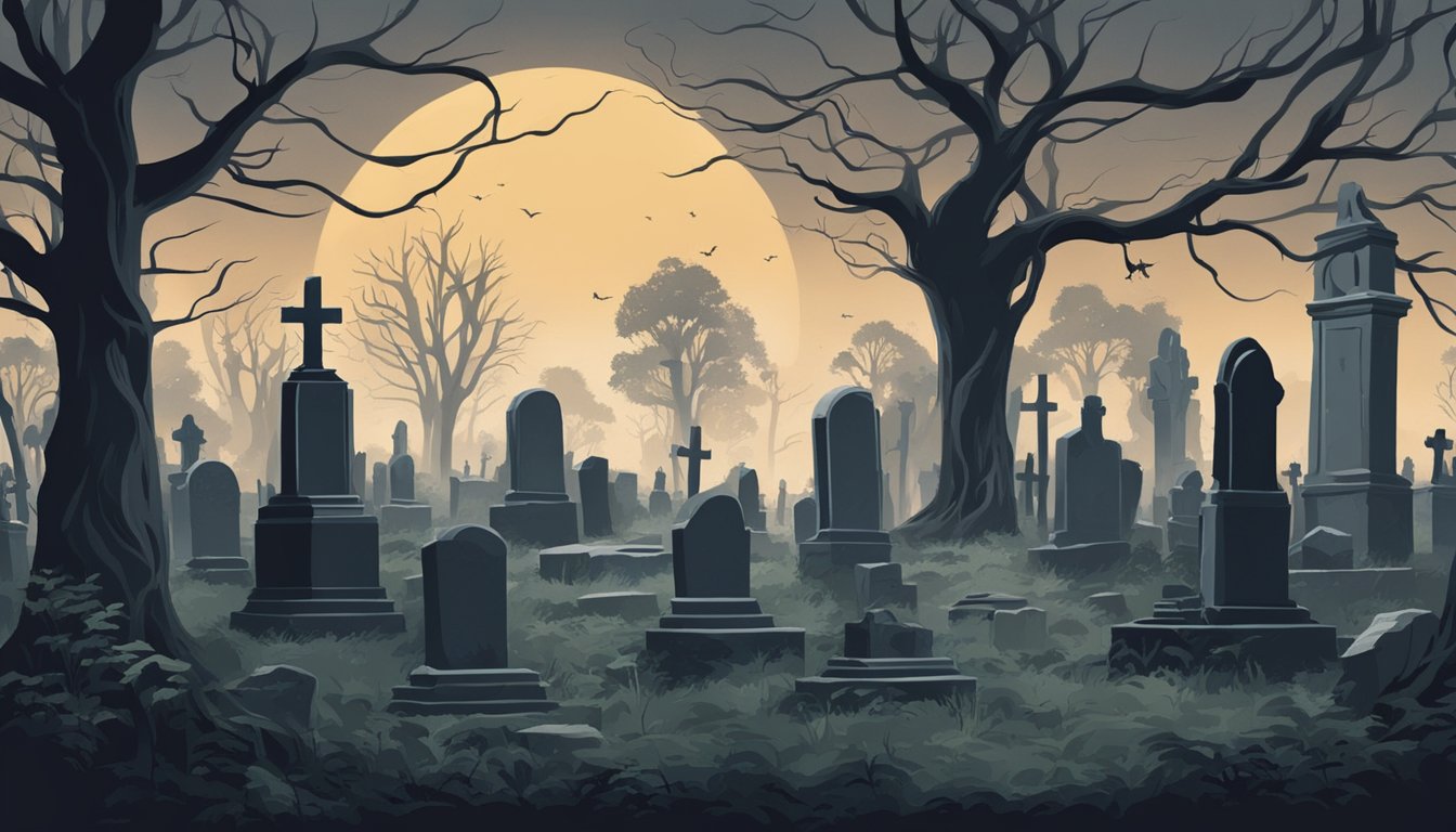 A dark, overgrown cemetery with eerie, twisted trees and gravestones. The atmosphere is foreboding, with a sense of death and decay